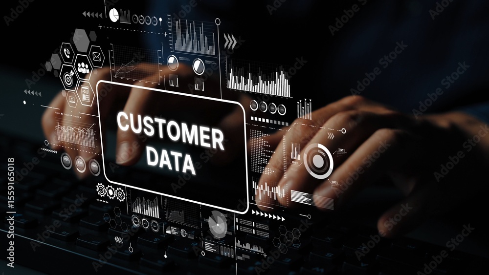 Poster hands typing on keyboard with digital interface showing customer data analysis and visualization con