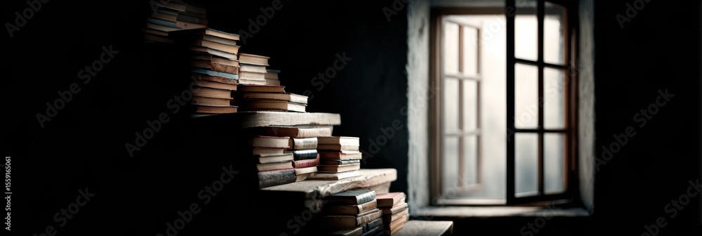 Aufkleber Stacked Books Create a Staircase Leading to an Open Window in a Dimly Lit Room