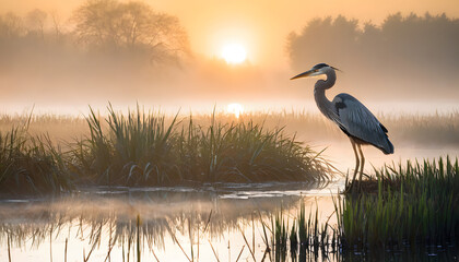 Heron standing in water at sunset near grass
