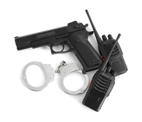 Gun, handcuffs and walkie talkies on white background, top view. Police equipment