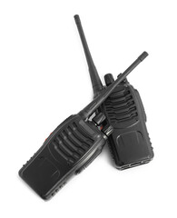 Two walkie talkies on white background, top view. Police equipment