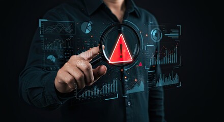 Business Risk Management and Threat Analysis: Manager Using a Virtual Magnifying Glass on a Holographic Dashboard to Detect and Analyze Potential Corporate or Cyber Threats.