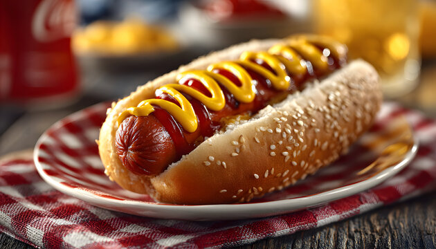Patriotic hot dog with mustard on Fourth of July picnic plate, Independence Day celebration