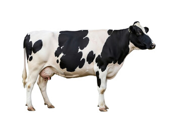 A black and white spotted cow is depicted in a full profile view