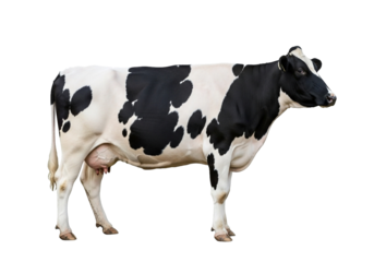 A black and white spotted cow is depicted in a full profile view