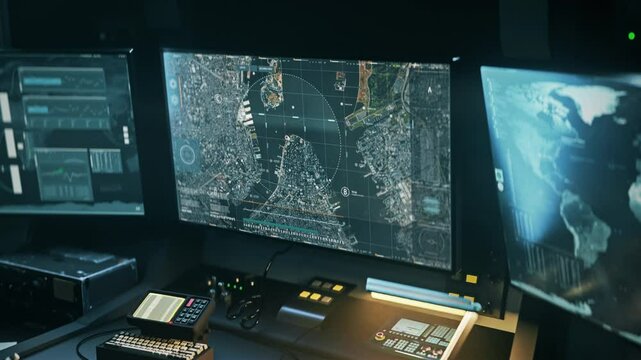 Spy analysis network program examining the aerial view of the city. Spy analysis network identifies the coordinates of the terrorist headquarters. Spy analysis network collects target intelligence.