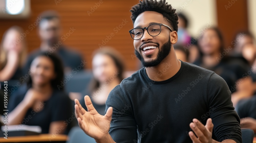 Poster engaging discussion in a classroom setting with a smiling young man in casual attire interacting wit