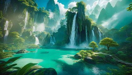 Hidden magical waterfall in lush green jungle environment