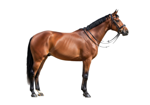 A brown horse, full body, stands in profile view, facing to the right side of the image