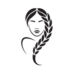 Beautiful female face with long hair braids design isolated on white background