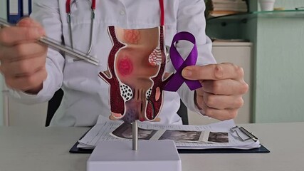 Doctor holds blue purple ribbon with human colon anatomy model. Rectal cancer oncology