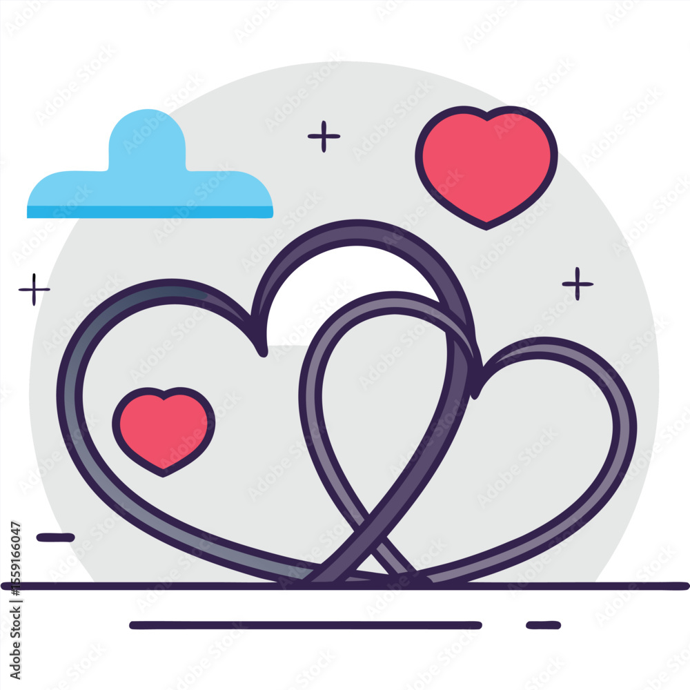 Poster intertwined hearts symbolizing love and connection with abstract elements