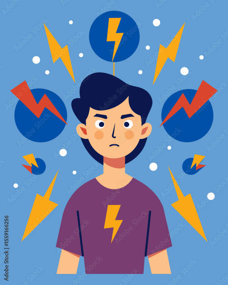 Poster the person is surrounded by lightning bolts of stress each one representing a different aspect of th