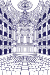 Grand opera house interior in detailed line art illustration
