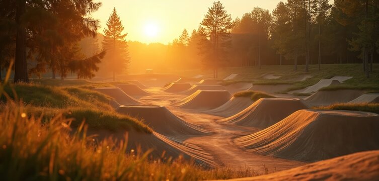 Golden hour over BMX track with dirt jumps and trails. Warm sun illuminates dirt mounds, trails, and surrounding trees. Outdoor extreme sport recreation, ideal adventure for cycling, biking. - Powered by Adobe