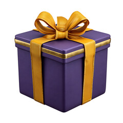 Elegant purple gift box with a golden ribbon and bow isolated on transparent background