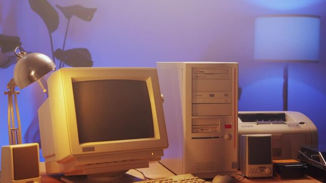 Retro pc computer gaming, Desktop vintage with loading code console, programmer making scripts, green basic screen, Old computer studio close-up, retro wave display, late 90s PC.