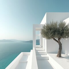 Minimalist coastal retreat with white building, olive tree. Modern architecture overlooks ocean, blue sky. Serene exterior design, vacation getaway resort, relaxing holiday destination in Greece.