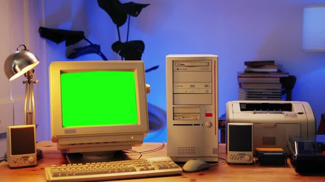 Retro pc computer gaming, Desktop vintage with loading code console, programmer making scripts, green basic screen, Old computer studio close-up, retro wave display, late 90s PC.