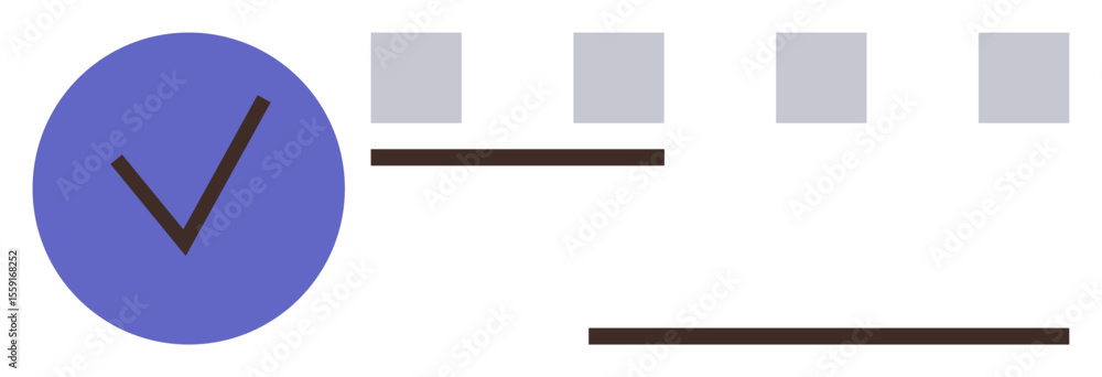Poster blue circle with a bold tick mark, horizontal lines, and squares representing accomplishment and ord