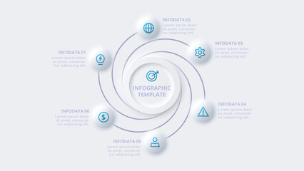 Neumorphic flow chart infographic. Creative concept for infographic with 6 steps, options, parts or processes.