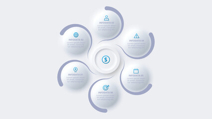 Neumorphic flow chart infographic. Creative concept for infographic with 6 steps, options, parts or processes.