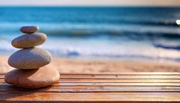 zen stones jy wooden banch on the beach near sea outdoor