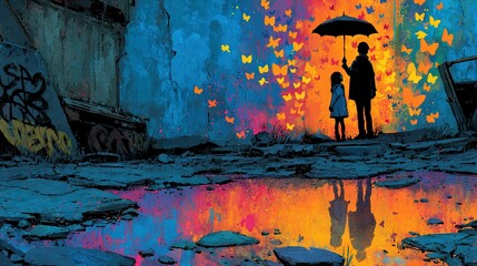 Obraz premium A person holding an umbrella with a child standing in front of a butterfly-covered wall