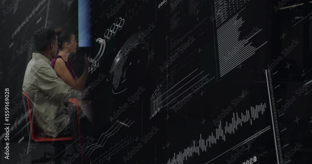 Poster digital data overlays fading into conference room, business team analyzing charts reviewing metrics