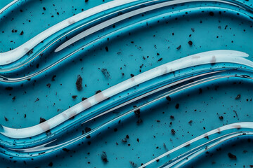 A macro photograph captures glossy blue gel with swirling translucent layers scattered specks flowing patterns smooth curves surface reflections abstract shapes and depth