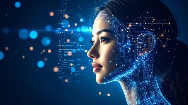 Artificial Intelligence Interface: Woman with Digital Circuitry Visualization Concept