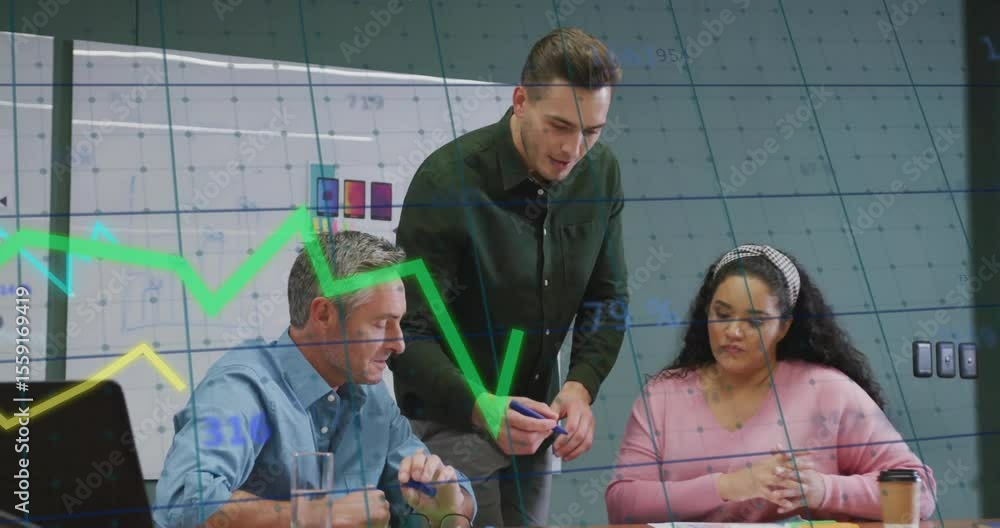 Poster standing man pointing at documents in business office, colleagues annotating data with line graph