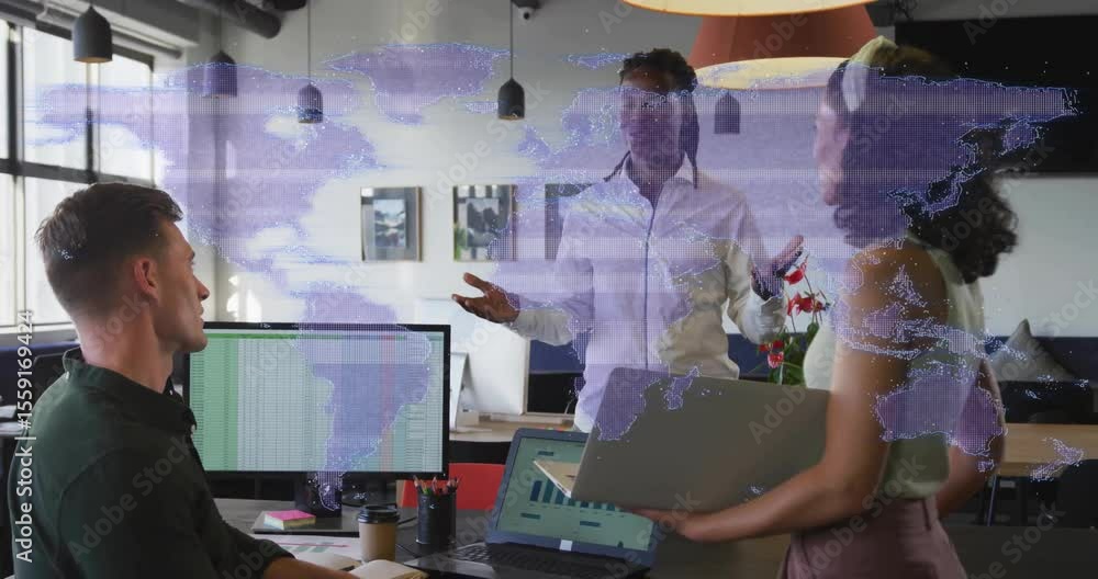 Poster office presenter introducing and gesturing map while colleague revealing chart and taking notes