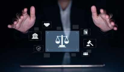 Legal compliance and governance concept showing justice scale, courthouse, contract, policy,...