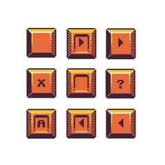 Pixel art square UI buttons retro 8-bit control icons set interface buttons in bright orange-red tones, each with different control icons such as play, stop, cancel, back, and help. 