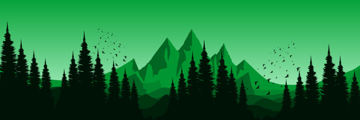 dawn green landscape mountain scenery vector illustration good for wallpaper design, design template, background template, and tourism design template.