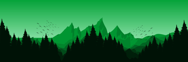 dawn green landscape mountain scenery vector illustration good for wallpaper design, design template, background template, and tourism design template.