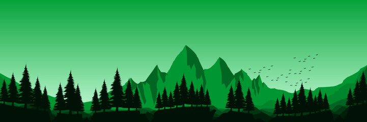 dawn green landscape mountain scenery vector illustration good for wallpaper design, design template, background template, and tourism design template.