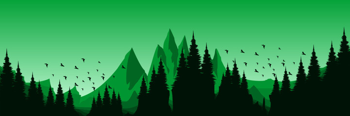 dawn green landscape mountain scenery vector illustration good for wallpaper design, design template, background template, and tourism design template.