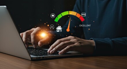 Excellent Credit Score and Financial Health Report: User Checking Their Credit Score on a Laptop with a Holographic Gauge Showing an Excellent Rating for Loan Eligibility.