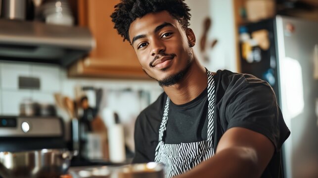 Young man cooking at home in a modern kitchen while preparing ingredients with a smile during the daytime