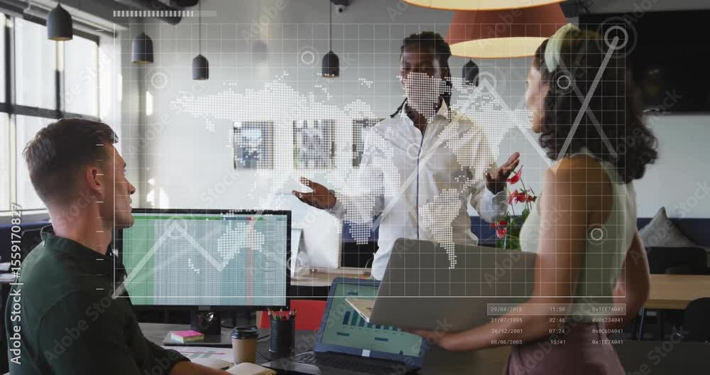 Poster standing presenter initiating data overlay and outlining graph trends with business colleagues