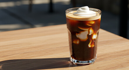 Iced coffee with creamy swirl served on rustic wooden table.