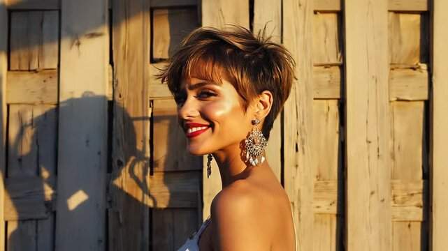 Smiling woman with short pixie haircut, wearing earrings, standing against wooden wall
