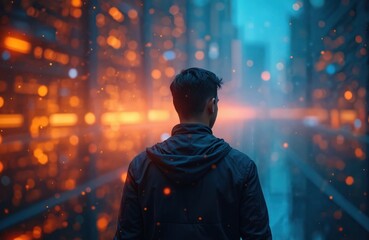 Man stands in futuristic cityscape. Orange bokeh lights create data streams, digital connections, artificial intelligence concept. Modern tech, innovative design, cyber world, business technology.