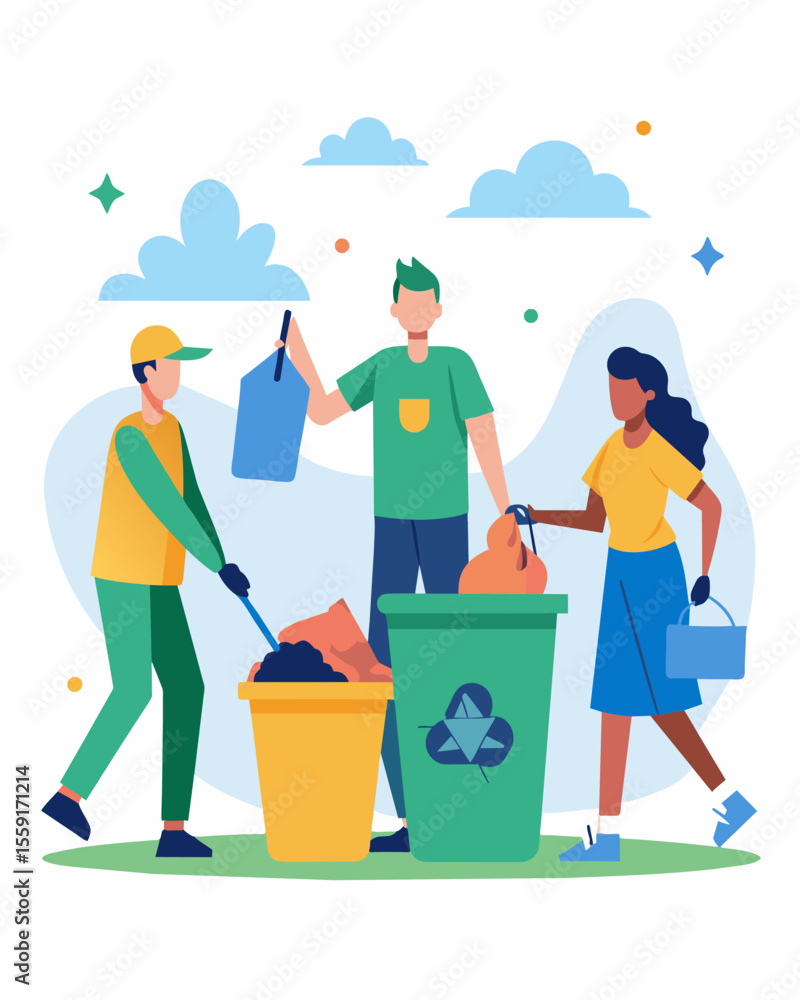 Poster a community participating in a trash cleanup event with participants dividing the collected waste in