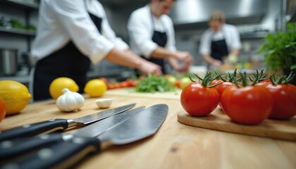 Culinary school kitchen with chefs preparing food. Fresh ingredients, chef knives, cooking utensils on wooden table. Culinary students preparing gourmet cuisine. Cooking class, food preparation.