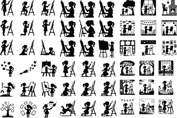 Young Artist Vector Icons – Girl Drawing and Painting Silhouette Girl Painting on Canvas Silhouette Set – Creative Art Icon Collection
