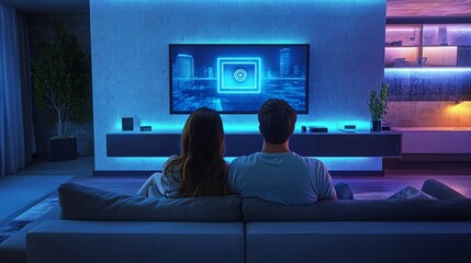 A cozy evening at home with a couple enjoying a film on a large screen, illuminated by soft blue lights, creating a romantic and modern atmosphere that invites relaxation.