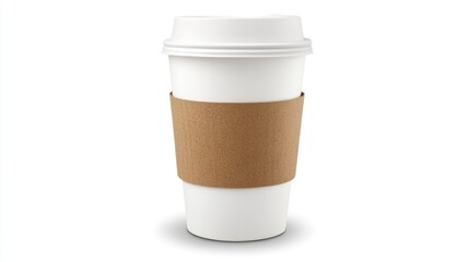 Studio Shot: White Disposable Coffee Cup with Brown Cardboard Sleeve, Isolated on White Background